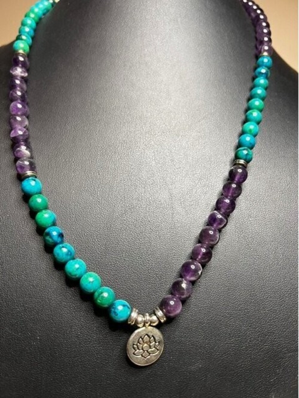 B7199 PRANA Amethyst Chrysocolla Beaded Necklace Long Lotus Charm Yoga Boho 34"